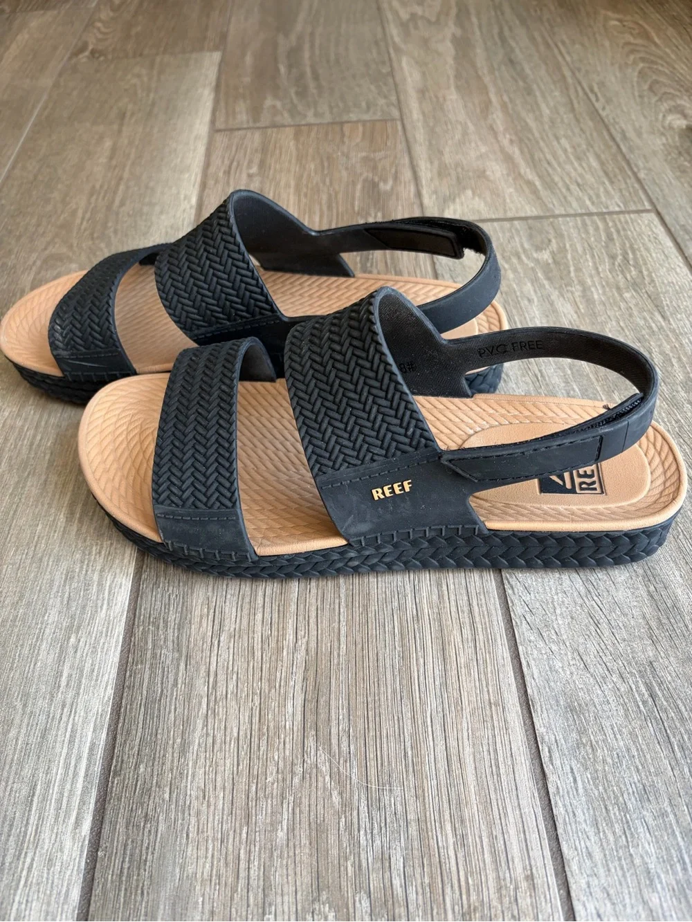 Reef Black Strap Sandals with Tan Footbed